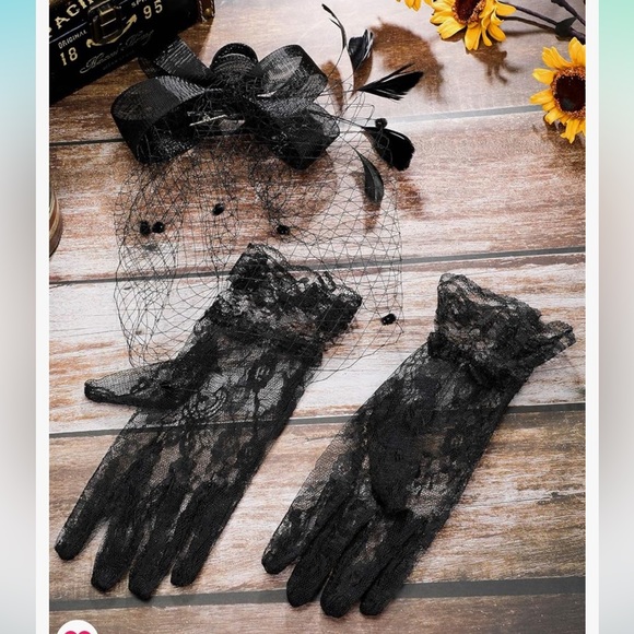 Amazon Accessories - Black lace gloves & Feather Bow Mesh Clip on Halloween